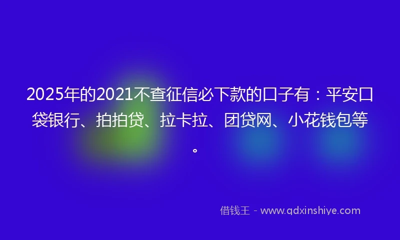 2025年的2021不查征信必下款的口子有：平安口袋银行、拍拍贷、拉卡拉、团贷网、小花钱包等。