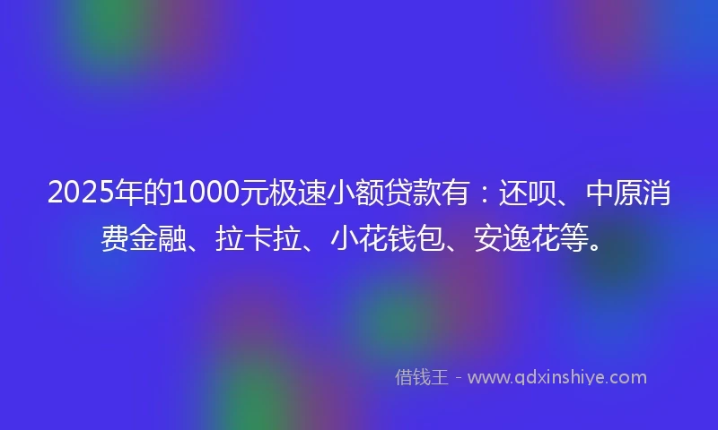 2025年的1000元极速小额贷款有：还呗、中原消费金融、拉卡拉、小花钱包、安逸花等。