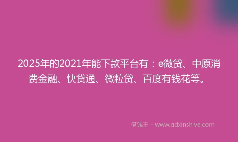 2025年的2021年能下款平台有：e微贷、中原消费金融、快贷通、微粒贷、百度有钱花等。