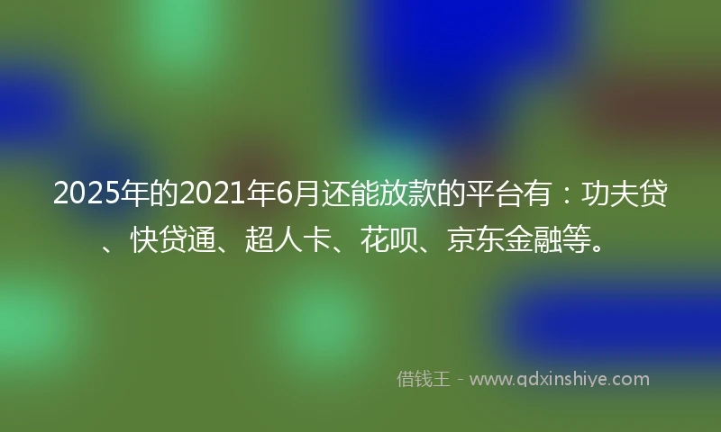 2025年的2021年6月还能放款的平台有：功夫贷、快贷通、超人卡、花呗、京东金融等。