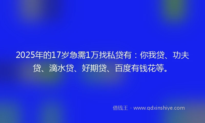 2025年的17岁急需1万找私贷有：你我贷、功夫贷、滴水贷、好期贷、百度有钱花等。