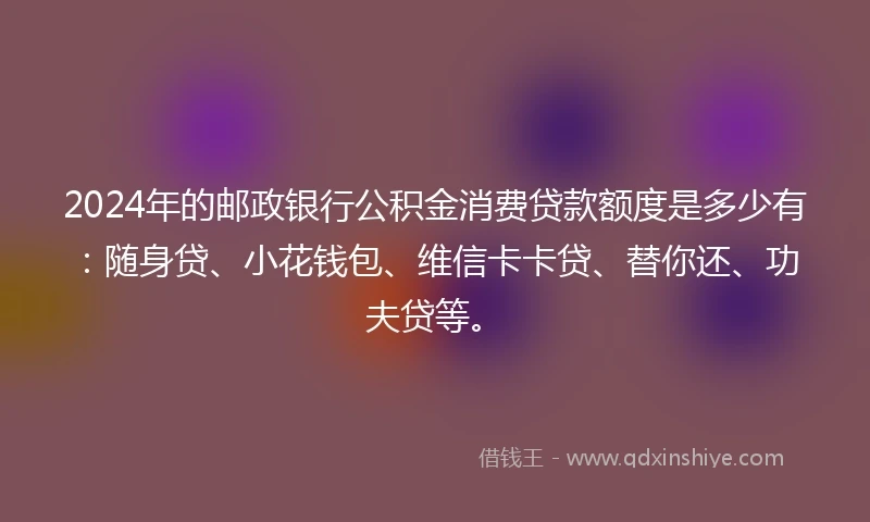 2024年的邮政银行公积金消费贷款额度是多少有：随身贷、小花钱包、维信卡卡贷、替你还、功夫贷等。