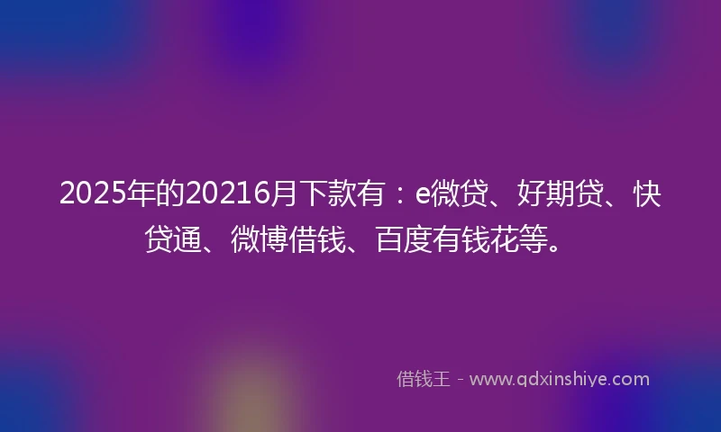 2025年的20216月下款有：e微贷、好期贷、快贷通、微博借钱、百度有钱花等。