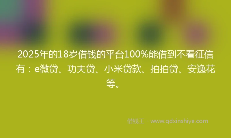 2025年的18岁借钱的平台100%能借到不看征信有：e微贷、功夫贷、小米贷款、拍拍贷、安逸花等。