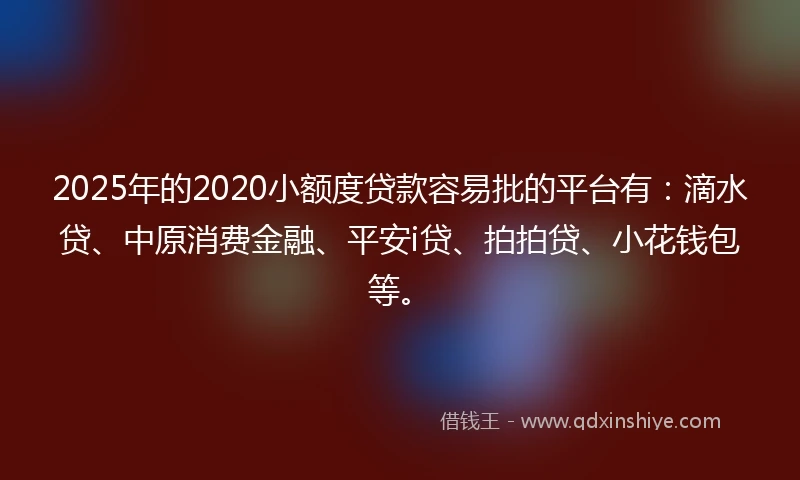 2025年的2020小额度贷款容易批的平台有：滴水贷、中原消费金融、平安i贷、拍拍贷、小花钱包等。