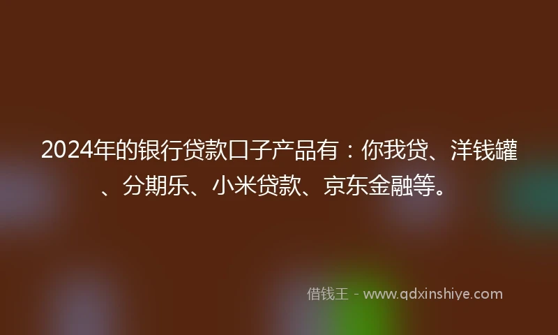 2024年的银行贷款口子产品有：你我贷、洋钱罐、分期乐、小米贷款、京东金融等。
