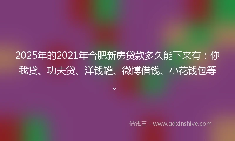 2025年的2021年合肥新房贷款多久能下来有：你我贷、功夫贷、洋钱罐、微博借钱、小花钱包等。