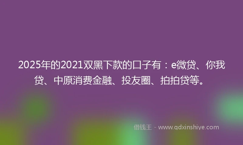 2025年的2021双黑下款的口子有：e微贷、你我贷、中原消费金融、投友圈、拍拍贷等。