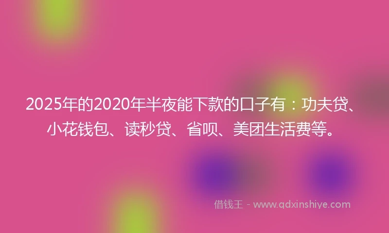 2025年的2020年半夜能下款的口子有：功夫贷、小花钱包、读秒贷、省呗、美团生活费等。