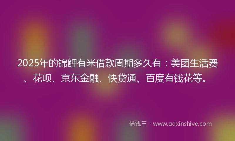 2025年的锦鲤有米借款周期多久有：美团生活费、花呗、京东金融、快贷通、百度有钱花等。