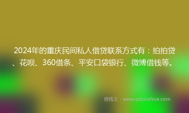 2024年的重庆民间私人借贷联系方式有：拍拍贷、花呗、360借条、平安口袋银行、微博借钱等。