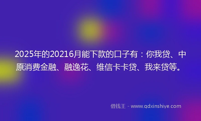 2025年的20216月能下款的口子有：你我贷、中原消费金融、融逸花、维信卡卡贷、我来贷等。