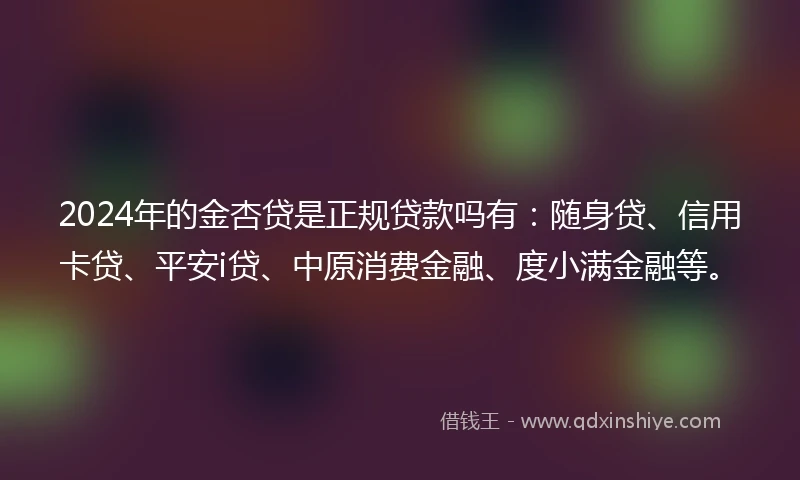 2024年的金杏贷是正规贷款吗有：随身贷、信用卡贷、平安i贷、中原消费金融、度小满金融等。