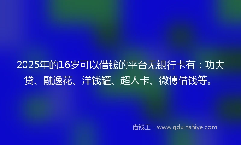 2025年的16岁可以借钱的平台无银行卡有：功夫贷、融逸花、洋钱罐、超人卡、微博借钱等。