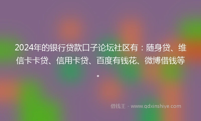 2024年的银行贷款口子论坛社区有：随身贷、维信卡卡贷、信用卡贷、百度有钱花、微博借钱等。