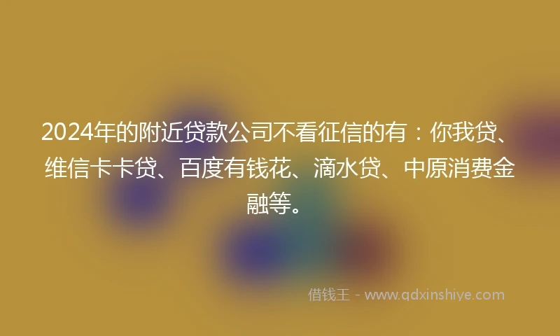 2024年的附近贷款公司不看征信的有：你我贷、维信卡卡贷、百度有钱花、滴水贷、中原消费金融等。
