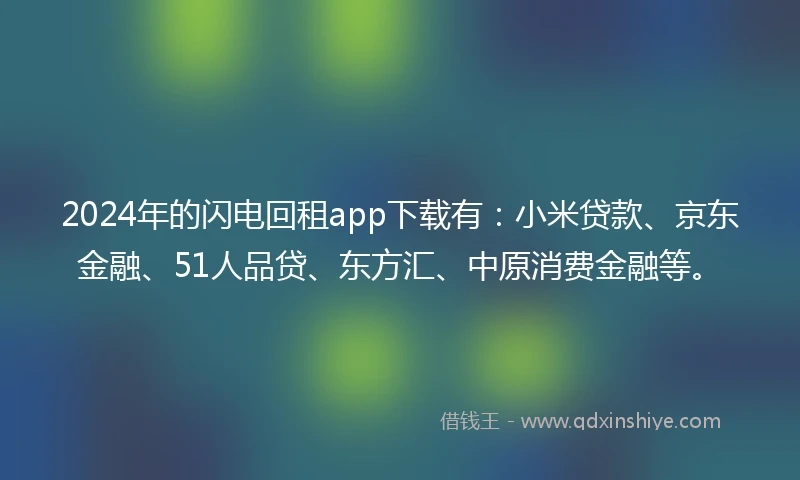 2024年的闪电回租app下载有：小米贷款、京东金融、51人品贷、东方汇、中原消费金融等。