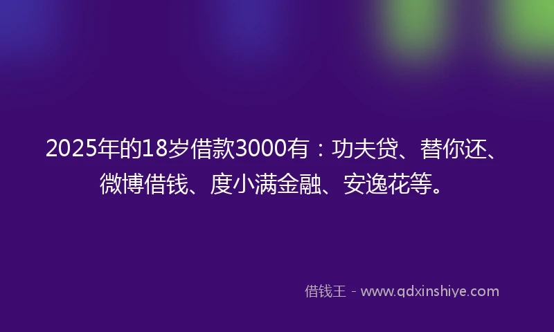 2025年的18岁借款3000有：功夫贷、替你还、微博借钱、度小满金融、安逸花等。
