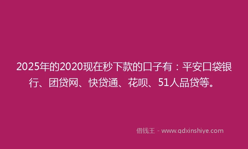 2025年的2020现在秒下款的口子有：平安口袋银行、团贷网、快贷通、花呗、51人品贷等。