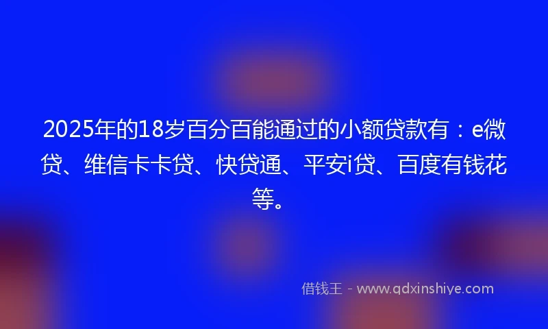 2025年的18岁百分百能通过的小额贷款有：e微贷、维信卡卡贷、快贷通、平安i贷、百度有钱花等。