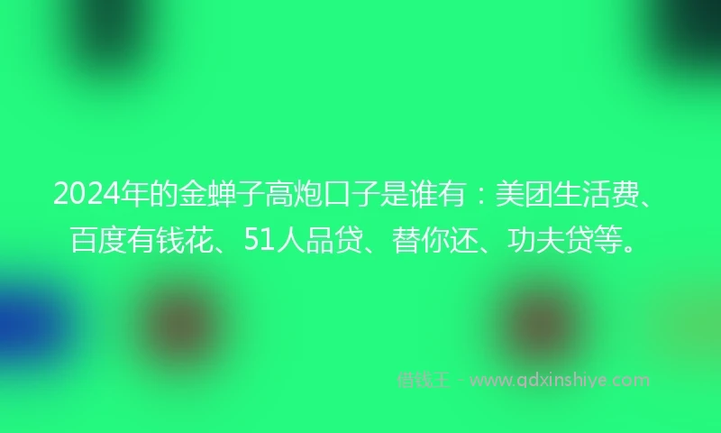 2024年的金蝉子高炮口子是谁有：美团生活费、百度有钱花、51人品贷、替你还、功夫贷等。