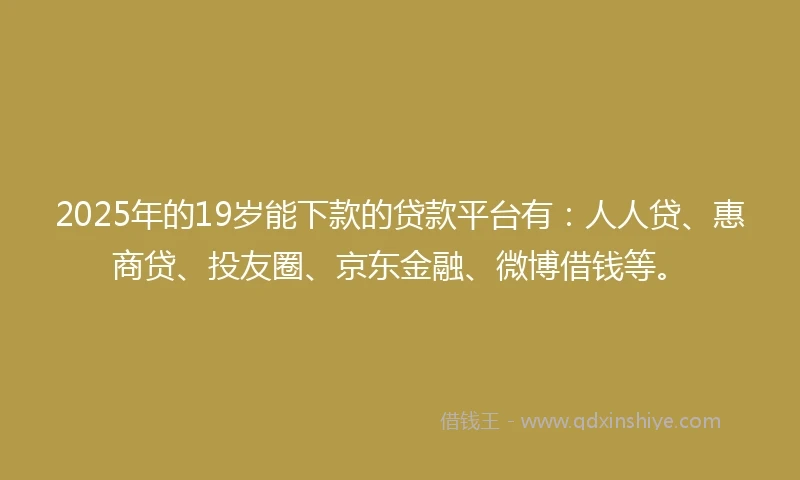 2025年的19岁能下款的贷款平台有：人人贷、惠商贷、投友圈、京东金融、微博借钱等。
