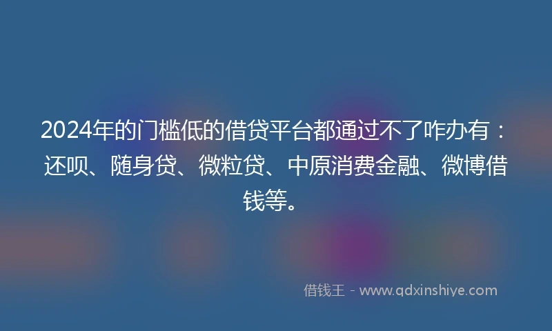 2024年的门槛低的借贷平台都通过不了咋办有：还呗、随身贷、微粒贷、中原消费金融、微博借钱等。