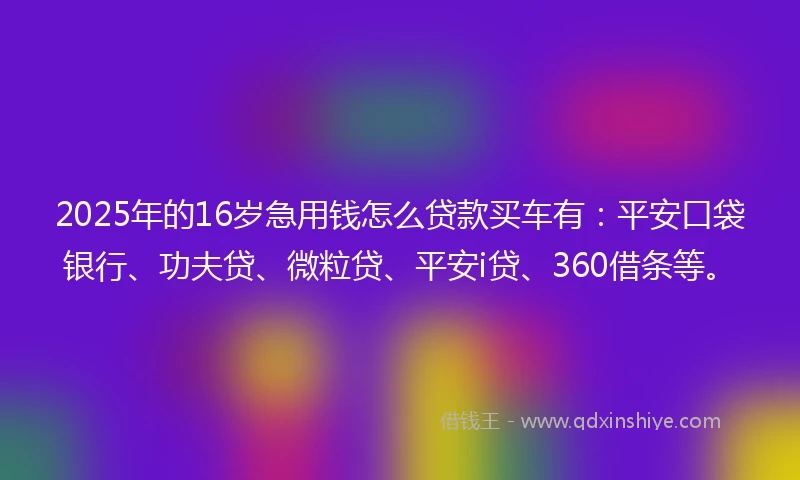 2025年的16岁急用钱怎么贷款买车有：平安口袋银行、功夫贷、微粒贷、平安i贷、360借条等。