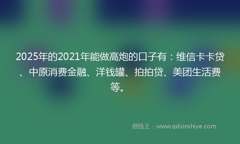 2025年的2021年能做高炮的口子有：维信卡卡贷、中原消费金融、洋钱罐、拍拍贷、美团生活费等。