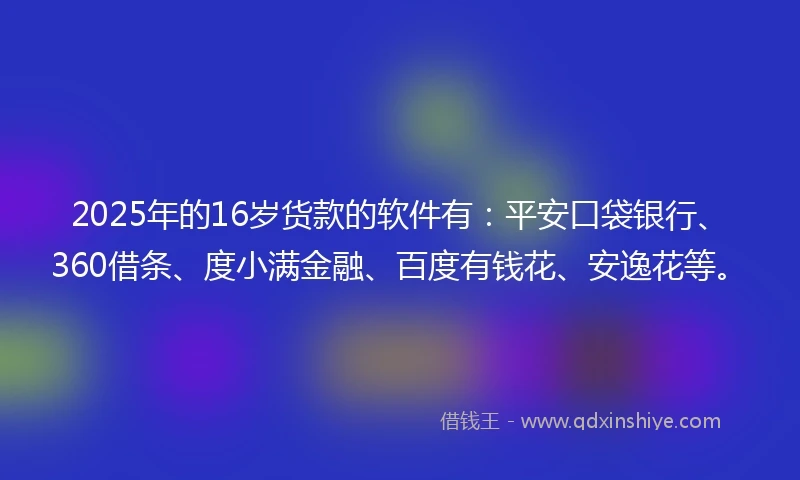 2025年的16岁货款的软件有：平安口袋银行、360借条、度小满金融、百度有钱花、安逸花等。