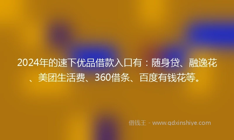 2024年的速下优品借款入口有：随身贷、融逸花、美团生活费、360借条、百度有钱花等。