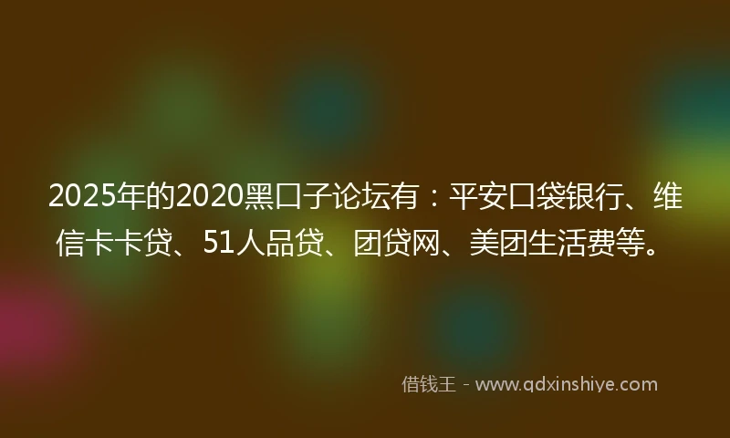 2025年的2020黑口子论坛有：平安口袋银行、维信卡卡贷、51人品贷、团贷网、美团生活费等。