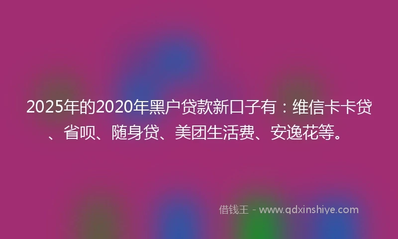 2025年的2020年黑户贷款新口子有：维信卡卡贷、省呗、随身贷、美团生活费、安逸花等。