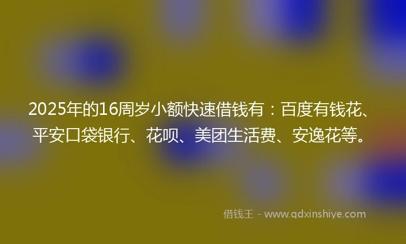 2025年的16周岁小额快速借钱有：百度有钱花、平安口袋银行、花呗、美团生活费、安逸花等。