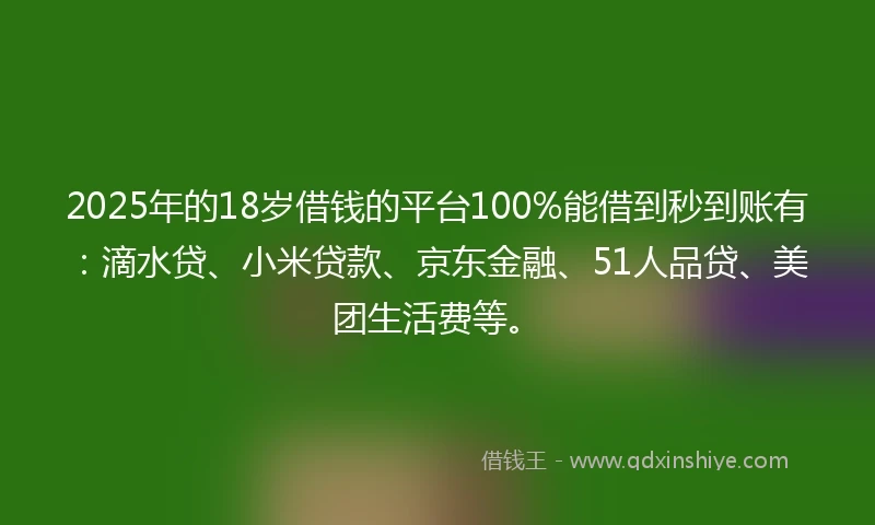 2025年的18岁借钱的平台100%能借到秒到账有：滴水贷、小米贷款、京东金融、51人品贷、美团生活费等。