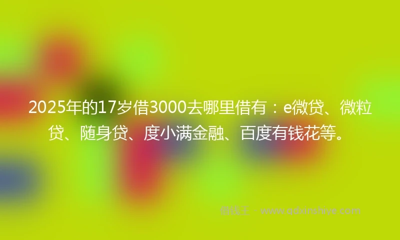 2025年的17岁借3000去哪里借有：e微贷、微粒贷、随身贷、度小满金融、百度有钱花等。