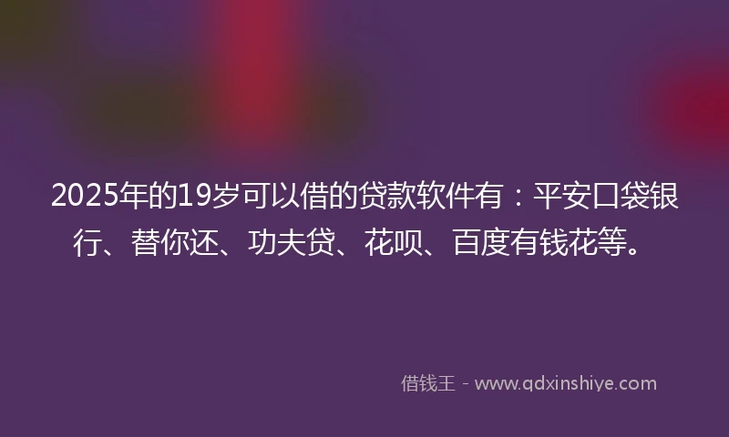 2025年的19岁可以借的贷款软件有：平安口袋银行、替你还、功夫贷、花呗、百度有钱花等。