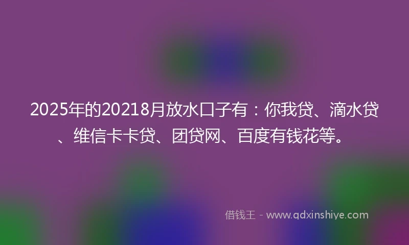 2025年的20218月放水口子有：你我贷、滴水贷、维信卡卡贷、团贷网、百度有钱花等。