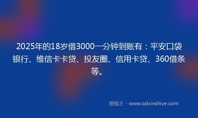 2025年的18岁借3000一分钟到账有：平安口袋银行、维信卡卡贷、投友圈、信用卡贷、360借条等。