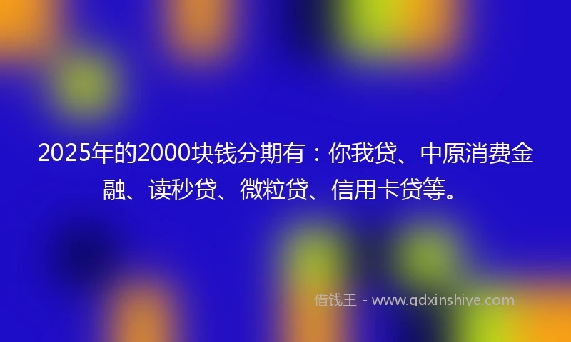 2025年的2000块钱分期有：你我贷、中原消费金融、读秒贷、微粒贷、信用卡贷等。