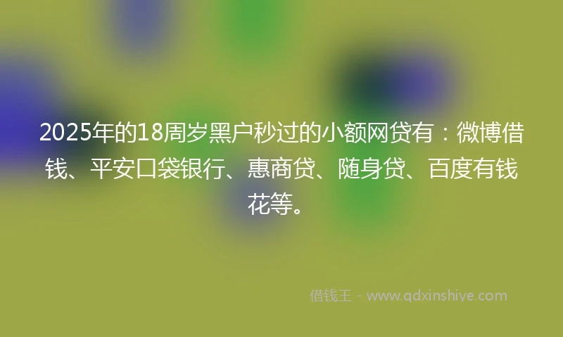 2025年的18周岁黑户秒过的小额网贷有：微博借钱、平安口袋银行、惠商贷、随身贷、百度有钱花等。