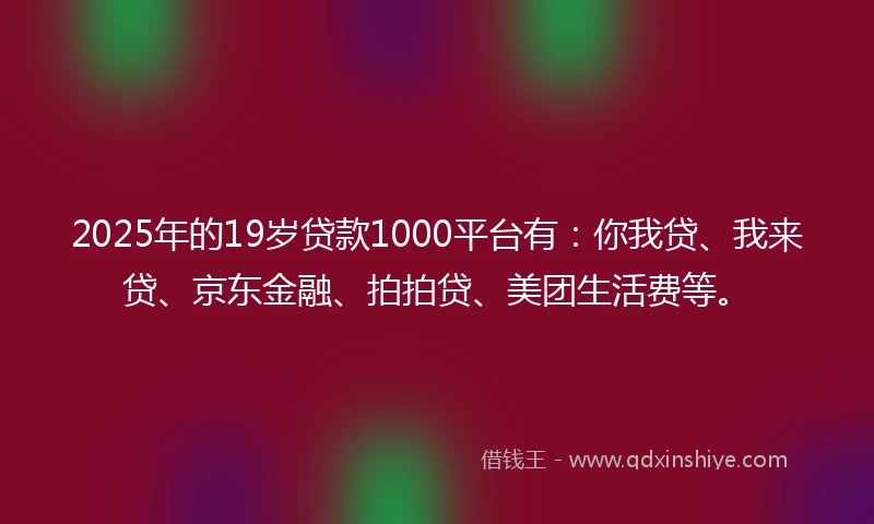 2025年的19岁贷款1000平台有：你我贷、我来贷、京东金融、拍拍贷、美团生活费等。