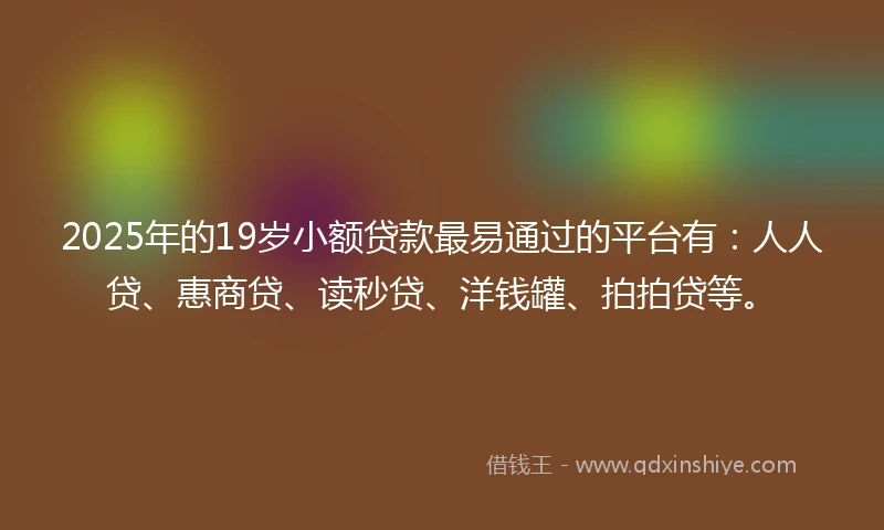 2025年的19岁小额贷款最易通过的平台有：人人贷、惠商贷、读秒贷、洋钱罐、拍拍贷等。