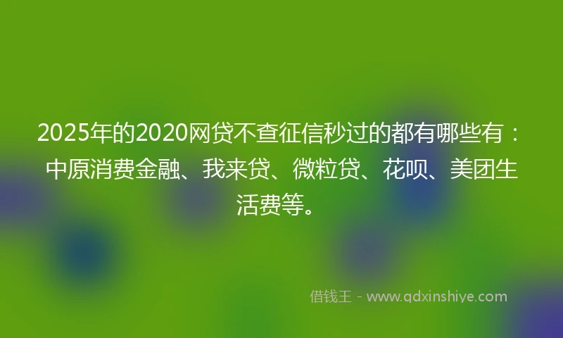 2025年的2020网贷不查征信秒过的都有哪些有：中原消费金融、我来贷、微粒贷、花呗、美团生活费等。