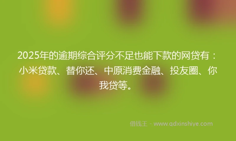 2025年的逾期综合评分不足也能下款的网贷有：小米贷款、替你还、中原消费金融、投友圈、你我贷等。