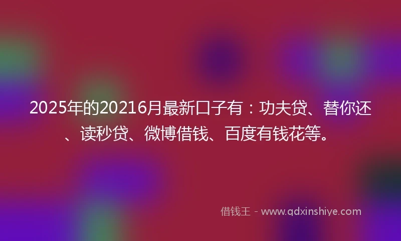 2025年的20216月最新口子有：功夫贷、替你还、读秒贷、微博借钱、百度有钱花等。