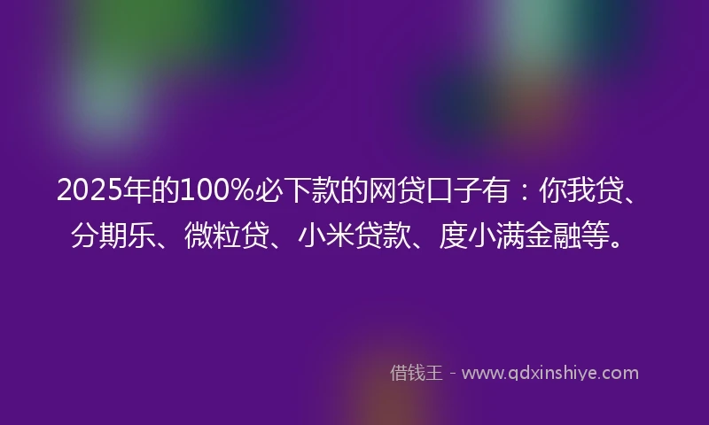 2025年的100%必下款的网贷口子有：你我贷、分期乐、微粒贷、小米贷款、度小满金融等。