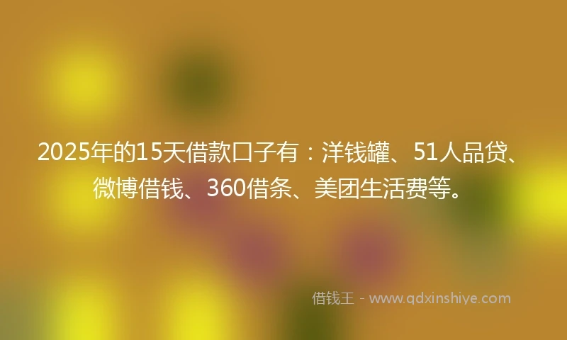 2025年的15天借款口子有：洋钱罐、51人品贷、微博借钱、360借条、美团生活费等。