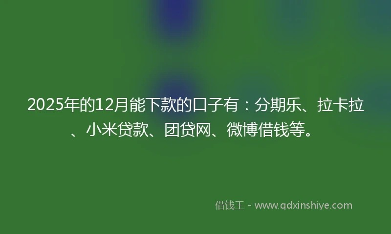 2025年的12月能下款的口子有：分期乐、拉卡拉、小米贷款、团贷网、微博借钱等。