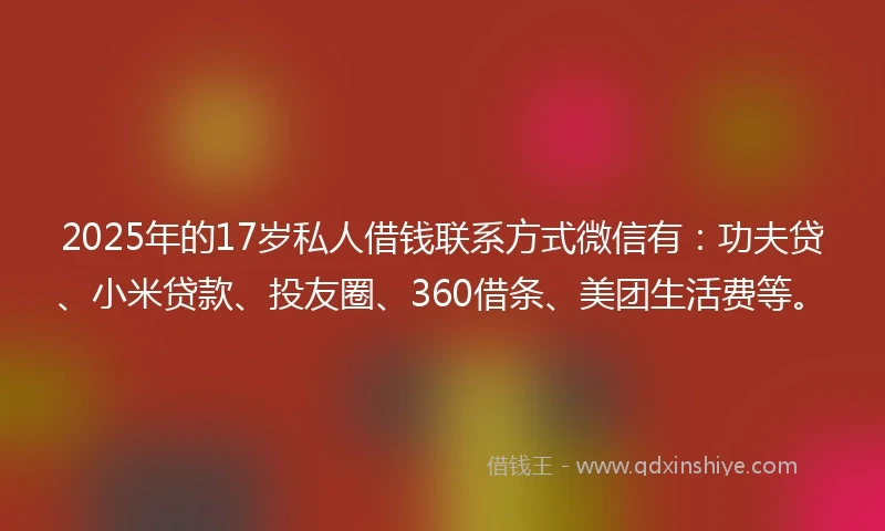 2025年的17岁私人借钱联系方式微信有：功夫贷、小米贷款、投友圈、360借条、美团生活费等。